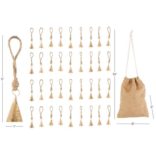 Gold Metal Tibetan-Inspired Decorative Bells with Brown Jute Rope and Canvas Drawstring Tote Set